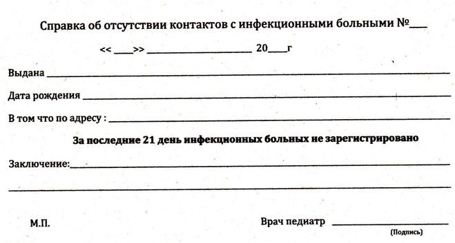 Справка об отсутствии инфекционных контактов